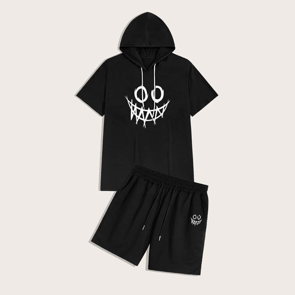 

Men Cartoon Graphic Drawstring Hooded Tee With Shorts, Black