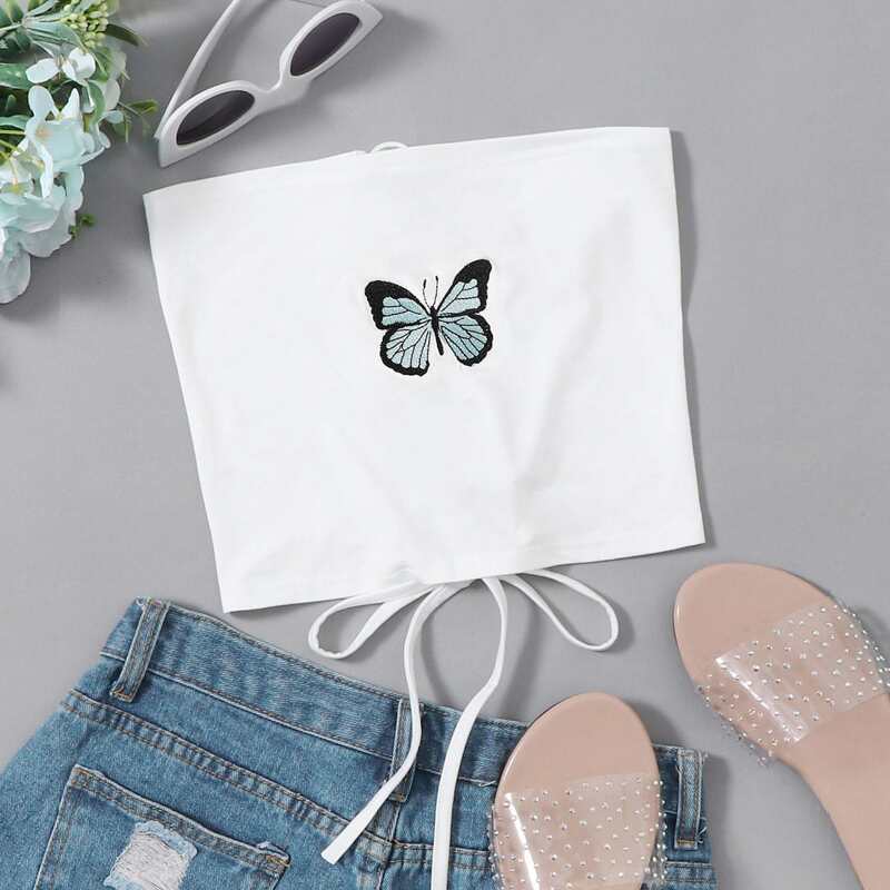 

Butterfly Embroidery Lace-up Tube Top, White
