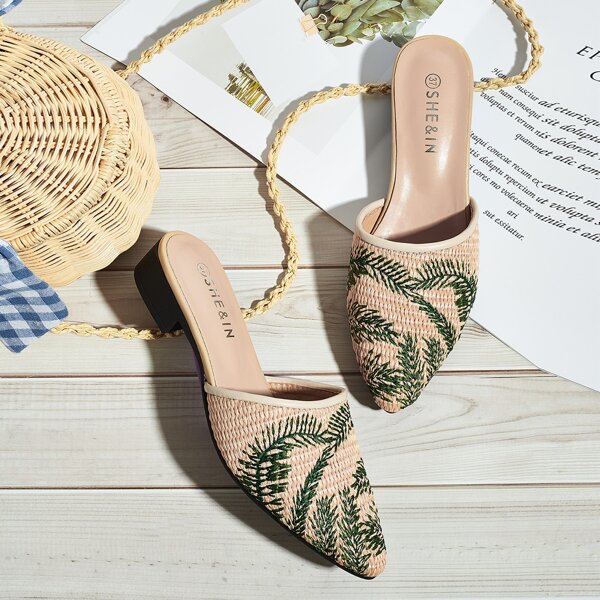 

Мюли на плоской подошве с вышивкой растения, Бежевые