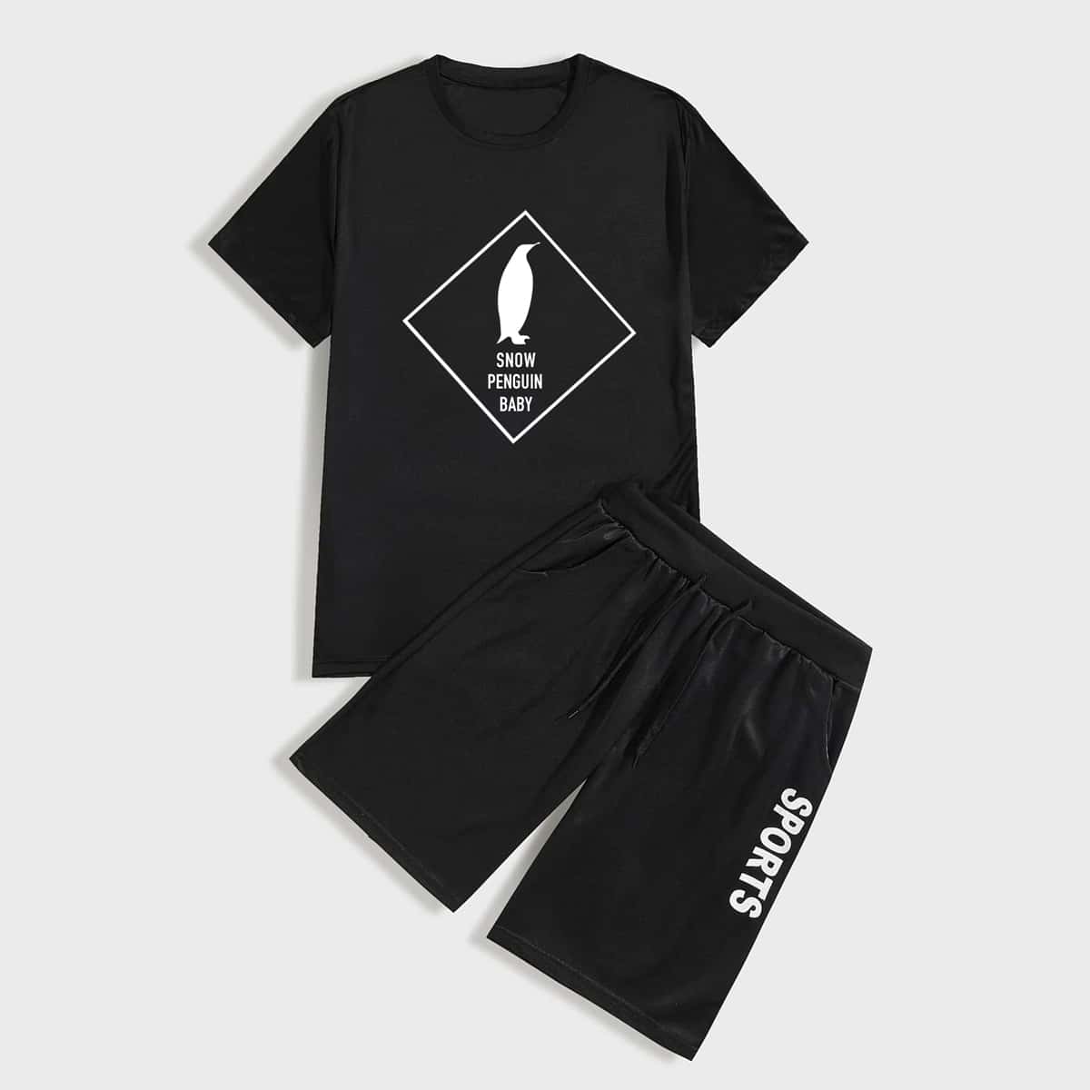 

Guys Slogan Graphic Round Neck Tee & Track Shorts, Black