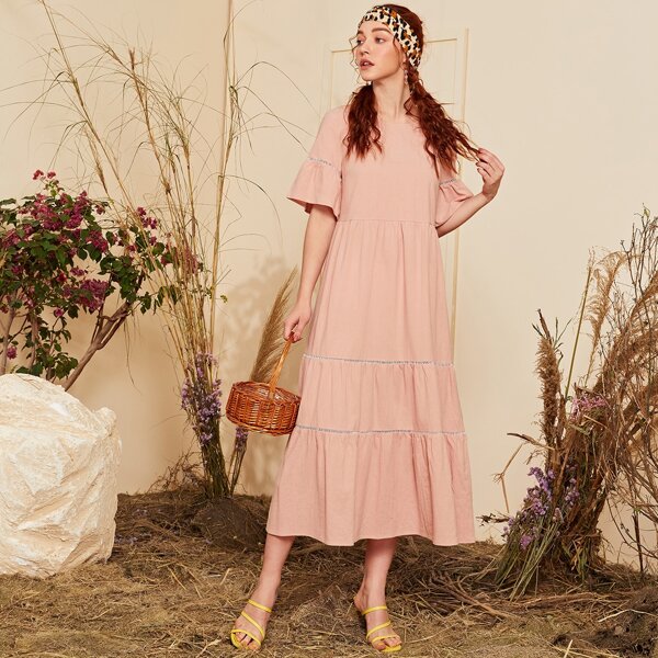 

Flounce Sleeve Tiered Hem Dress, Pink