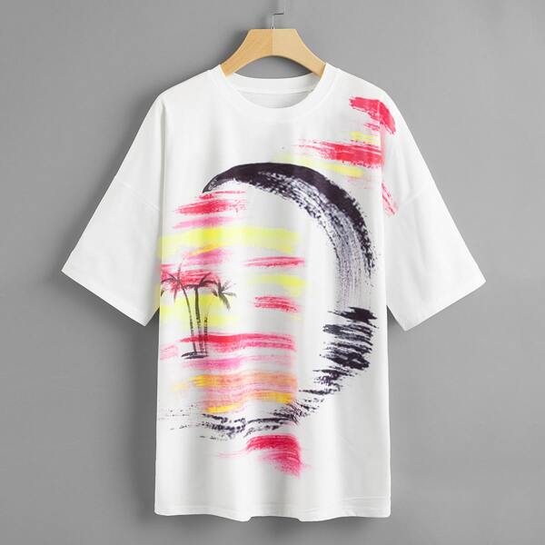 

Tropical & Brushstroke Print Drop Shoulder Tee, White