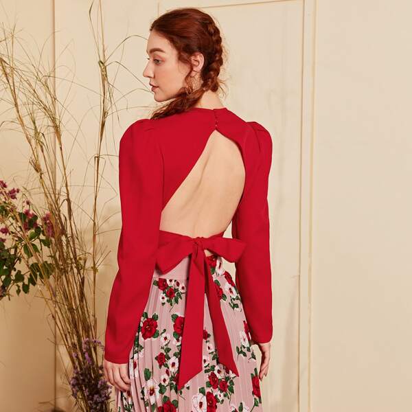 

Tie Backless Gigot Sleeve Solid Top, Red