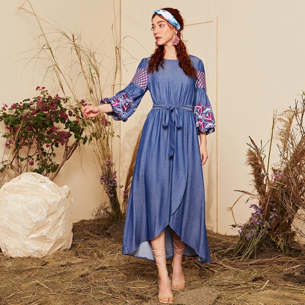 

Lantern Sleeve Embroidery Detail Asymmetrical Hem Belted Dress, Blue