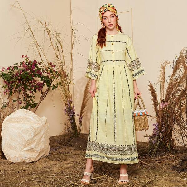 

Button Front Tribal Print Maxi Dress, Yellow