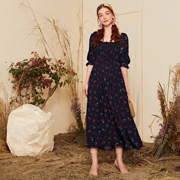 

Square Neck Shirred Detail Cherry Print Milkmaid Dress, Navy blue