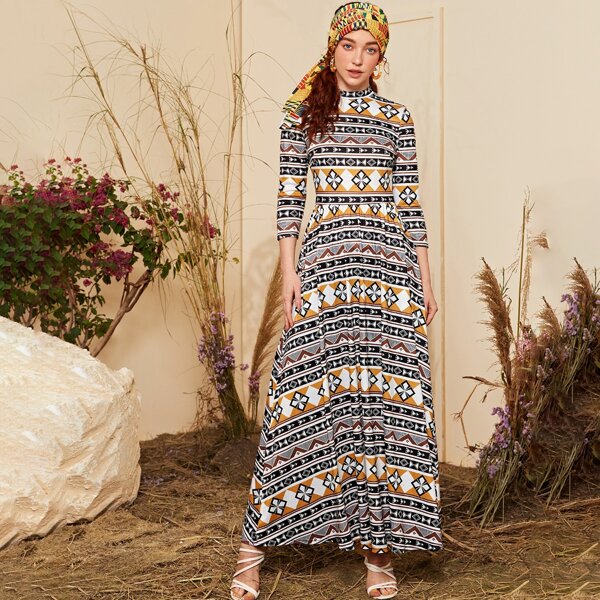 

Mock Neck Tribal Print Maxi Dress, Multicolor