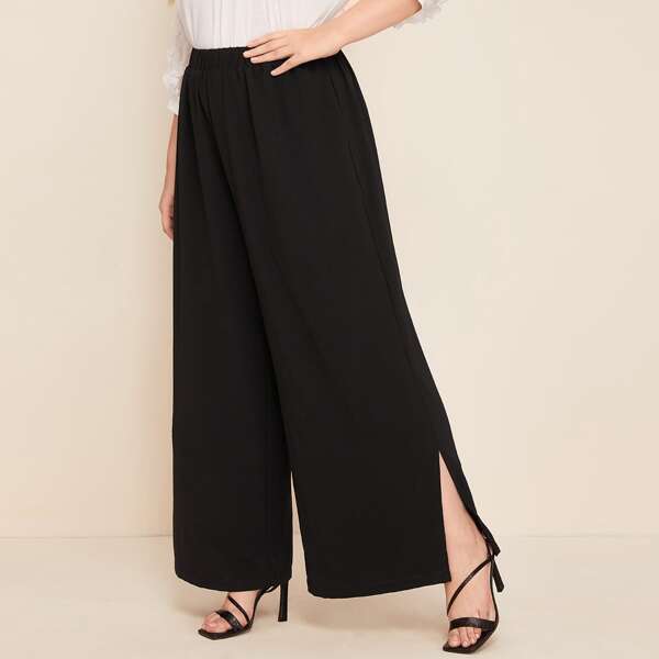 

Plus Elastic Waist Split Hem Palazzo Pants, Black
