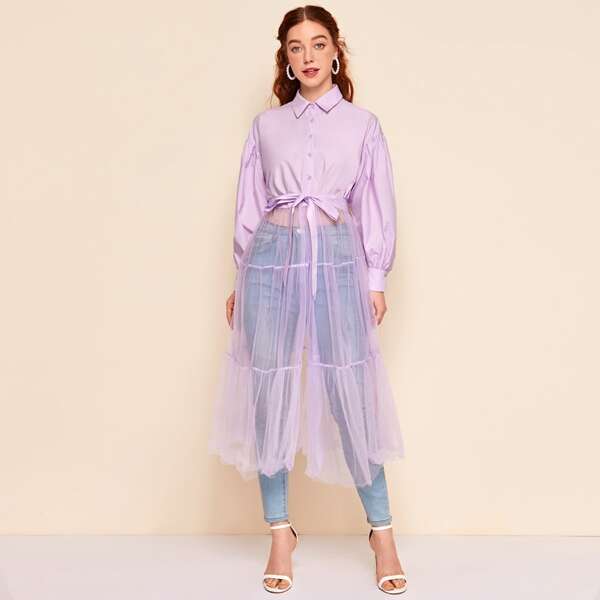 

Bishop Sleeve Mesh Hem Belted Dress, Lilac purple