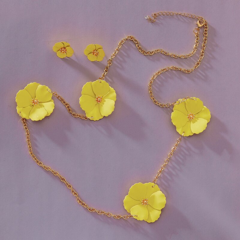 

3pcs Flower Charm Necklace & Earrings Set, Yellow