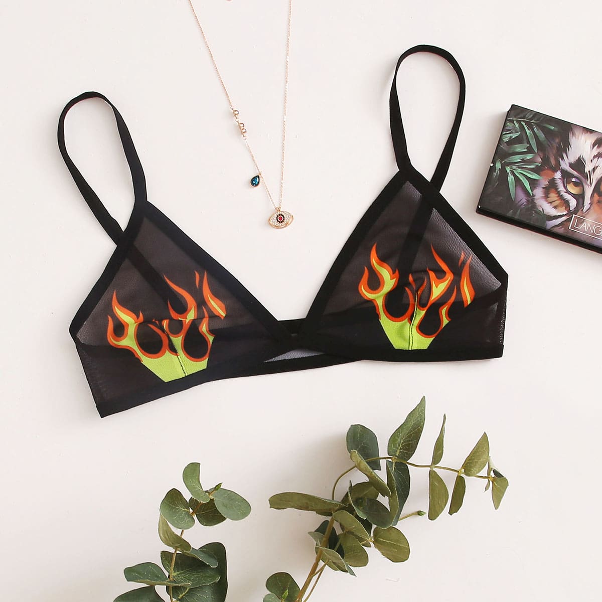 

Flame Print Mesh Bralette, Black
