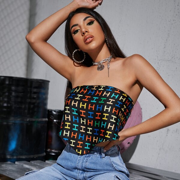 

Letter Graphic Tie Back Asymmetrical Hem Tube Top, Multicolor