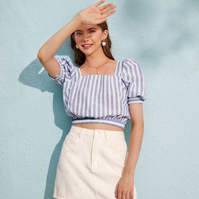 

Double Square Neck Puff Sleeve Striped Top, Blue