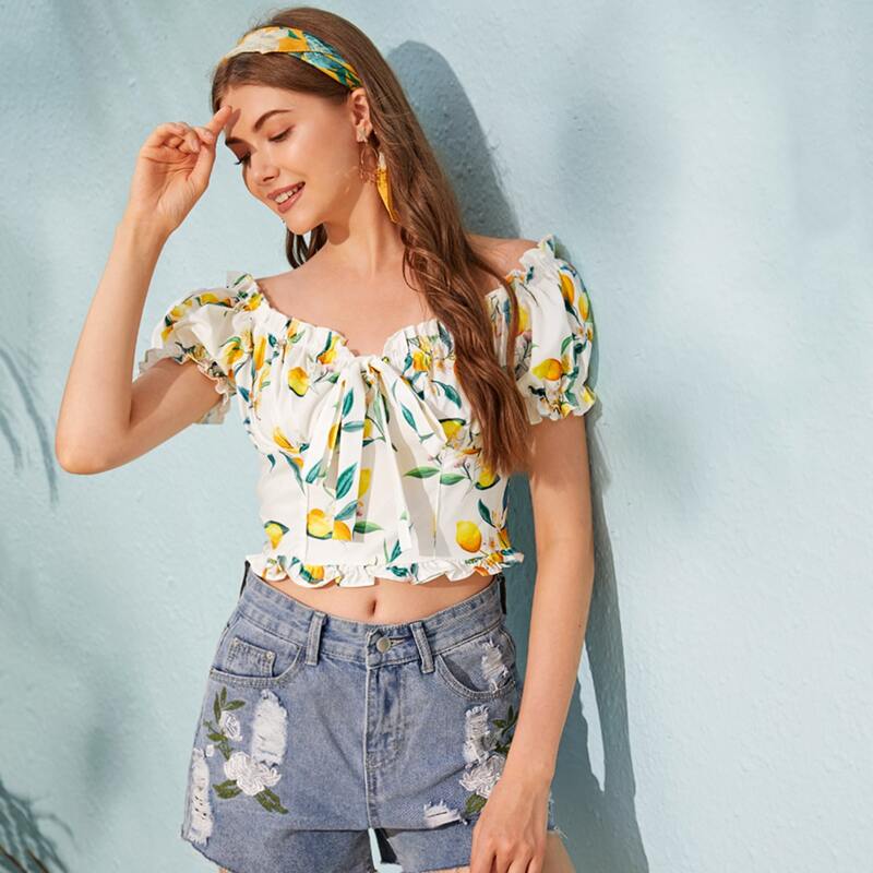 

Off Shoulder Frill Trim Tie Neck Shirred Back Lemon Print Top, Multicolor