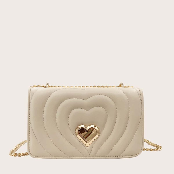 

Heart Design Buckle Chain Crossbody Bag, Beige