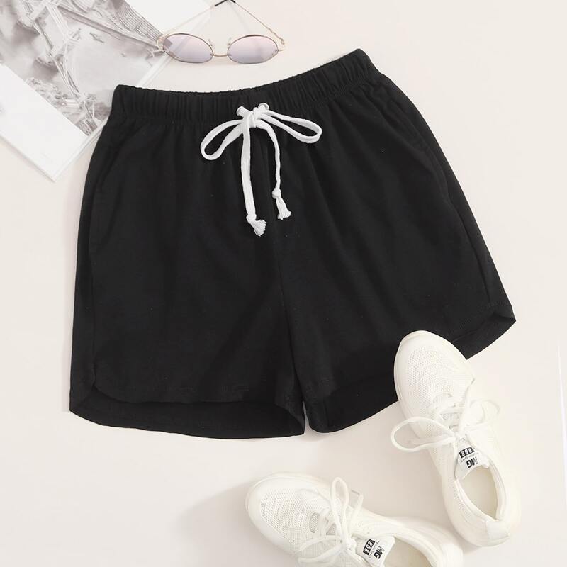 

Drawstring Waist Solid Track Shorts, Black
