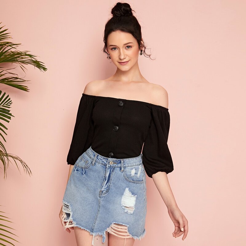 

Button Front Rib-knit Off Shoulder Top, Black