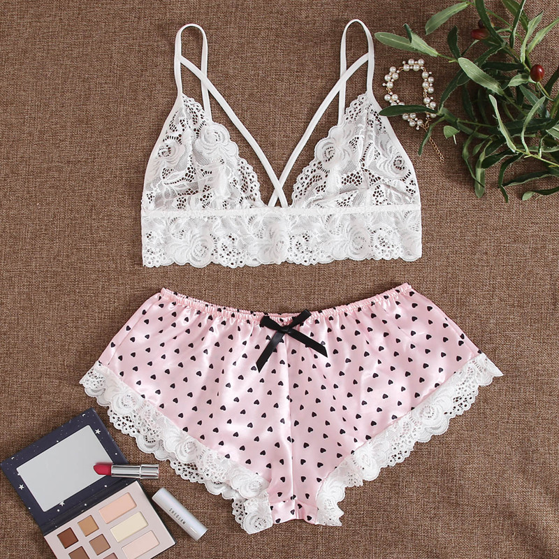 

Lace Bra With Heart Satin Shorts, Multicolor