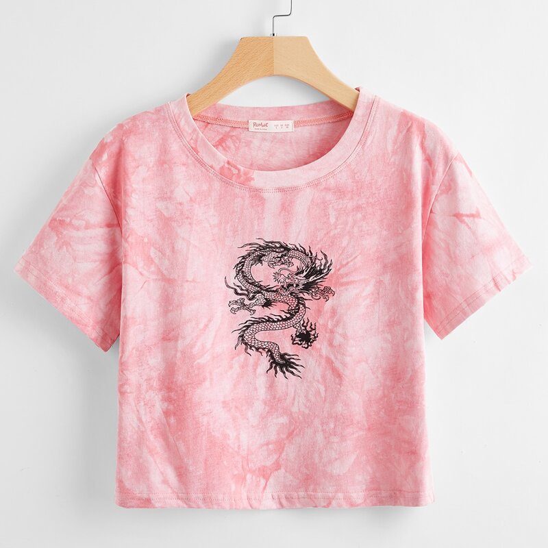 

Dragon Graphic Tie Dye Tee, Pink