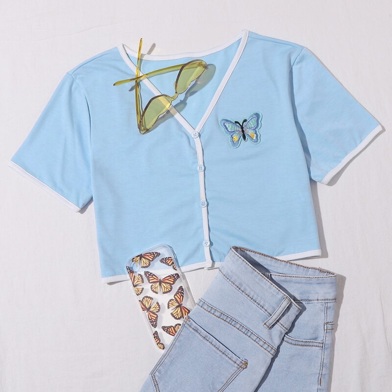 

Butterfly Embroidery Button Front Tee, Blue