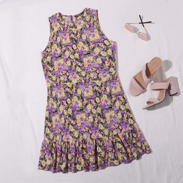 

Keyhole Back Ruffle Hem Sleeveless Floral Dress, Multicolor