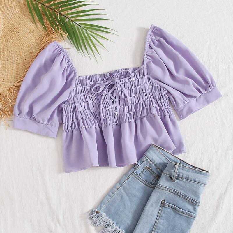

Lace Up Shirred Crop Top, Lilac purple