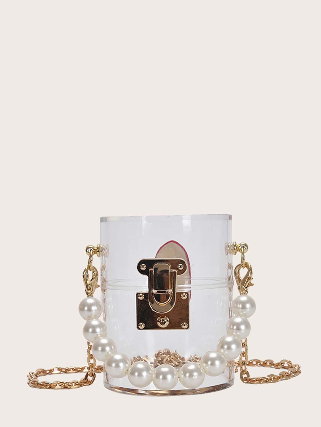 女孩人造珍珠手柄圓柱形透明手提包包