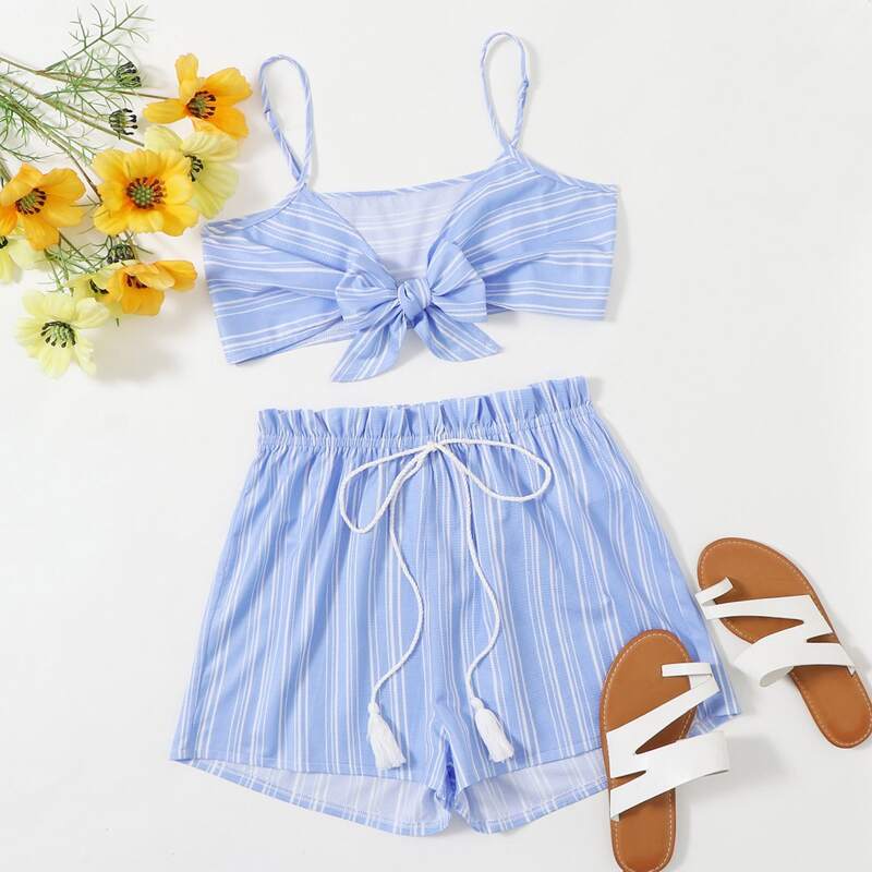 

Striped Tie Front Cami & Shorts, Blue