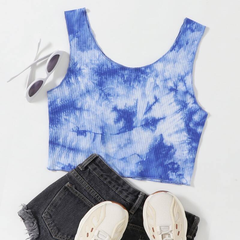 

Tie Dye Ribbed Crop Tank Top, Blue