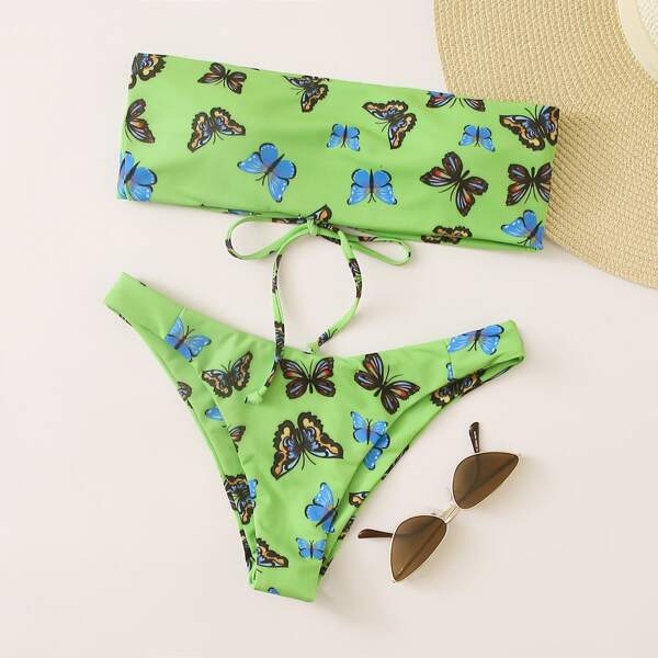 

Butterfly Print Lace-up Bandeau Bikini Swimsuit, Lime green
