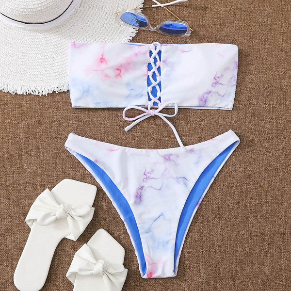 

Marble Print Lace-up Bandeau Bikini Swimsuit, Multicolor