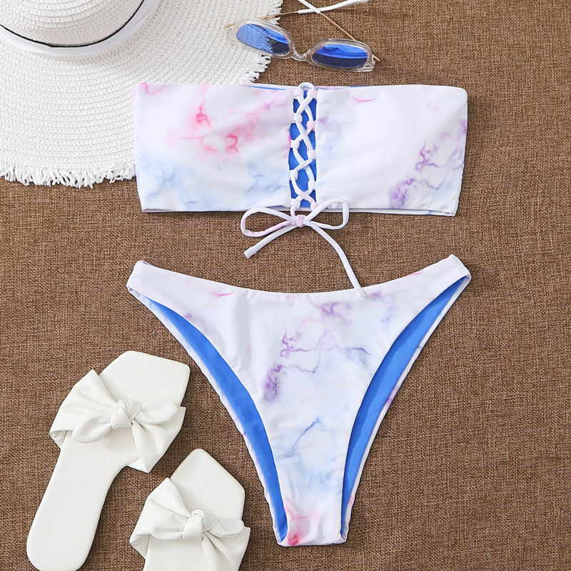 

Marble Print Lace-up Bandeau Bikini Swimsuit, Multicolor
