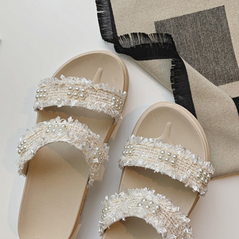 

Faux Pearl Tweed Sliders, Beige