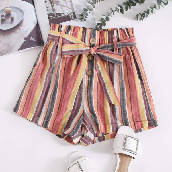 

Полосатые шорты с поясом и присборенной талией, Многоцветный