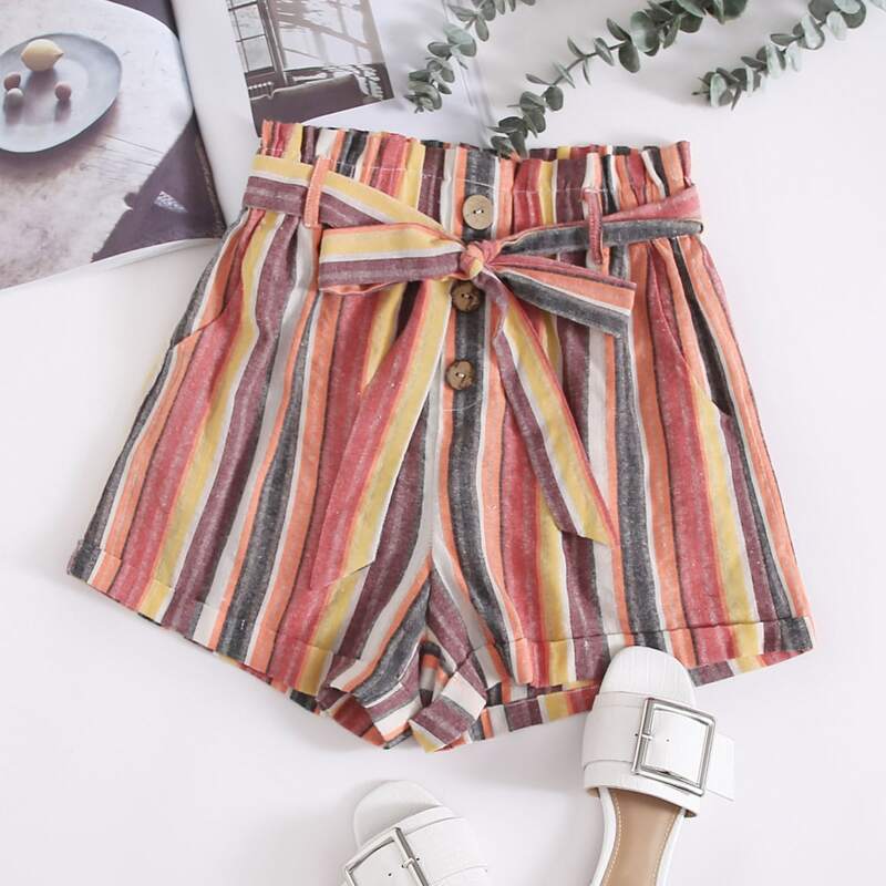 

Paperbag Waist Self Belted Cuffed Striped Shorts, Multicolor