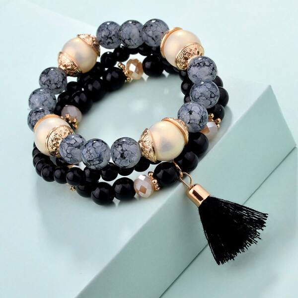 

3pcs Tassel Beaded Bracelet, Black