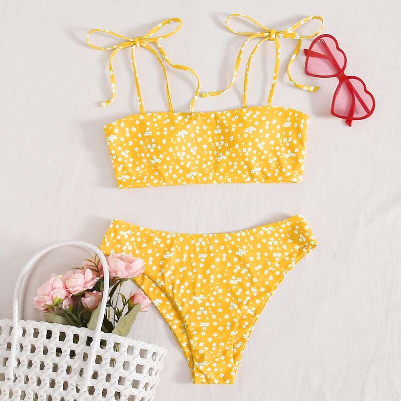 

Ditsy Floral High Cut Bikini Swimsuit, Yellow
