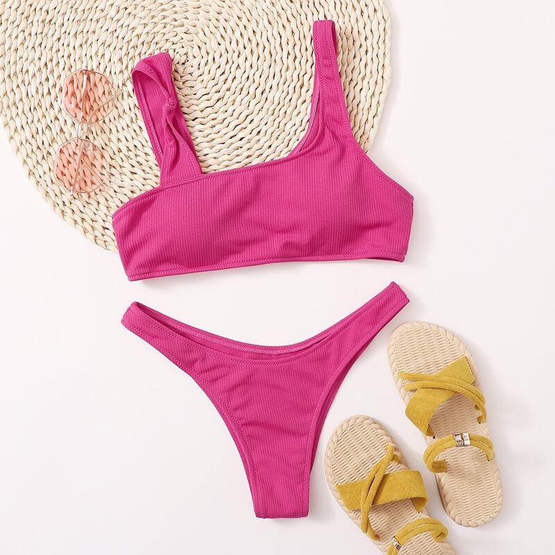 

Solid High Cut Bikini Swimsuit, Pink
