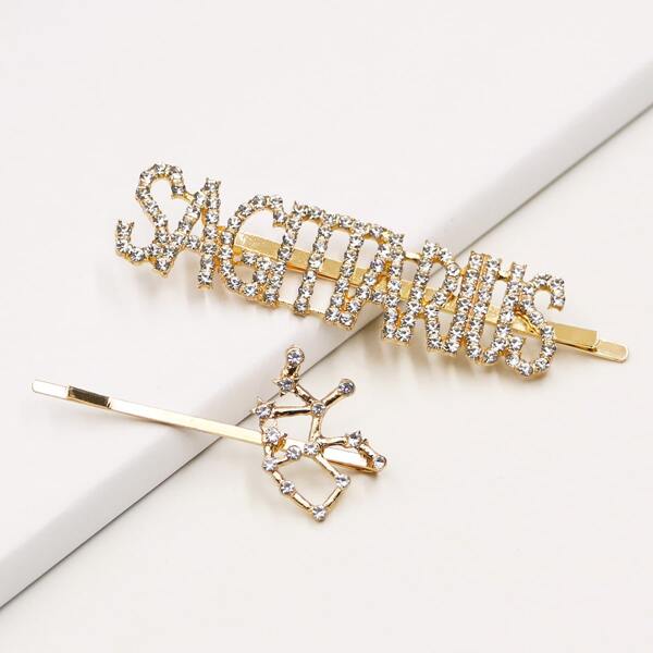 

2pcs Rhinestone Letter Hair Clip, Gold