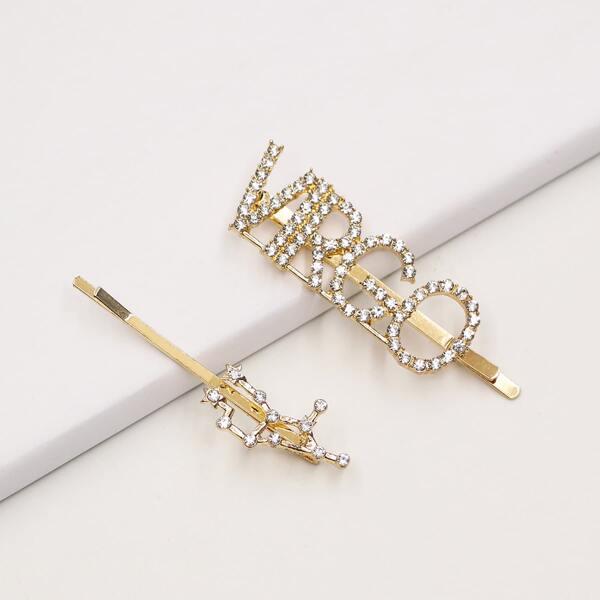 

2pcs Rhinestone Letter Hair Clip, Gold