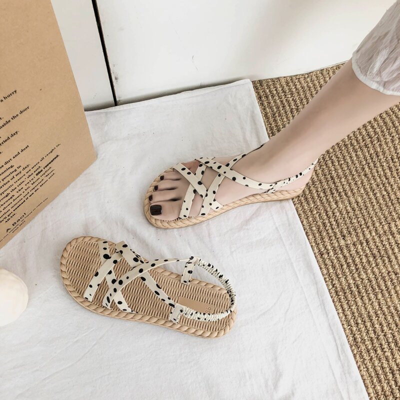 

Polka Dot Flat Sandals, Beige