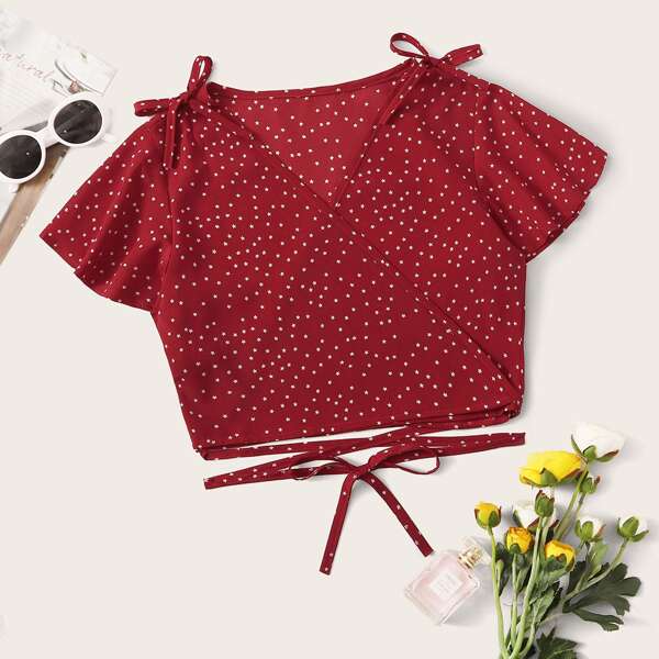 

Plus Star Print Knotted Wrap Blouse, Burgundy