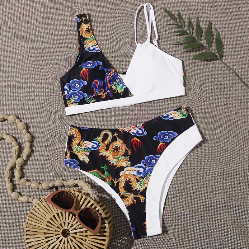 

Contrast Dragon Print High Waisted Bikini Swimsuit, Multicolor
