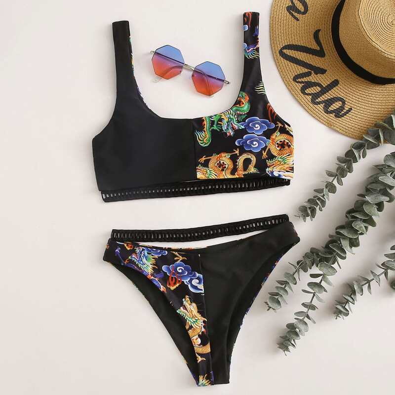 

Contrast Dragon Print High Cut Bikini Swimsuit, Black