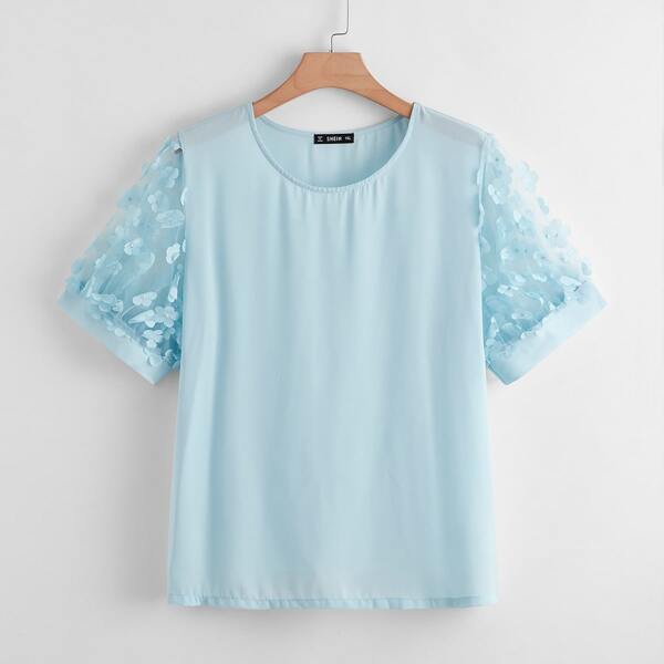 

Plus Appliques Mesh Sleeve Top, Baby blue