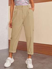 Side Pockets Button Fly Cargo Pants - Khaki - View 1