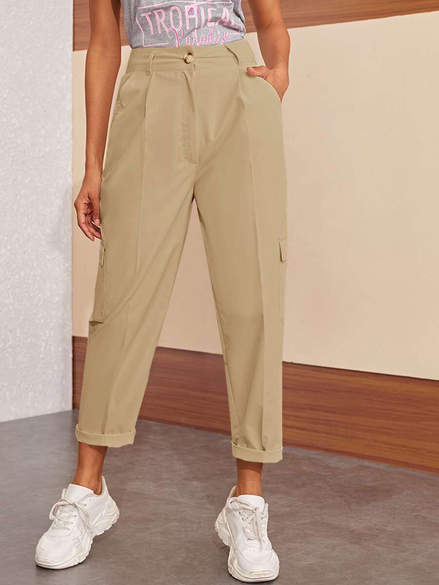 Side Pockets Button Fly Cargo Pants - Khaki - View 1
