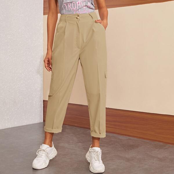 

Side Pockets Button Fly Cargo Pants, Khaki
