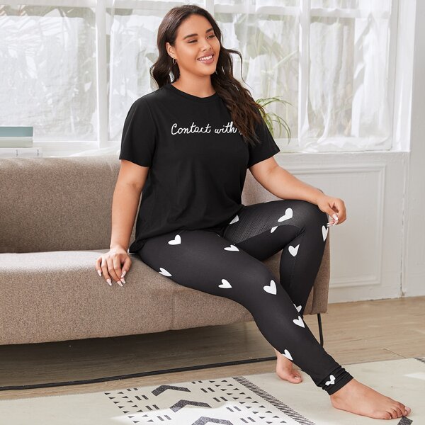 

Plus Slogan Graphic Top & Heart Print Pants PJ Set, Black