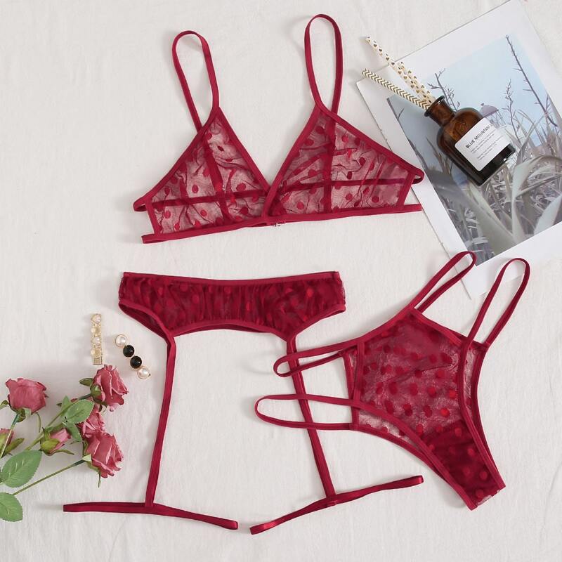 

Dobby Mesh Cut-out Garter Lingerie Set, Red